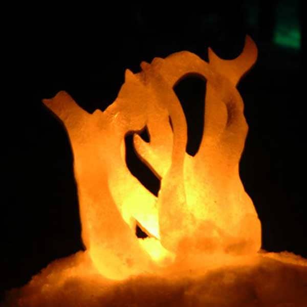A sculpture of a frozen camp fire